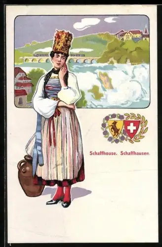 AK Frau in Schweizer Tracht mit Tonkrug