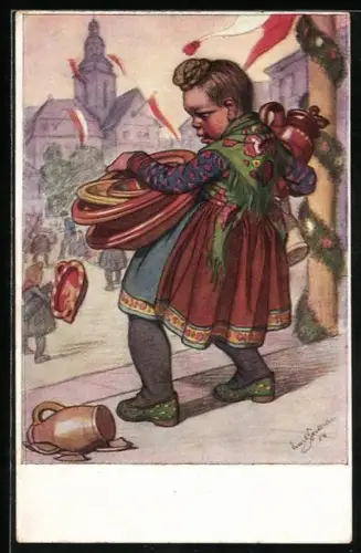 Künstler-AK Emil Beithan: Vollbepacktes Mädchen lässt einen Krug fallen