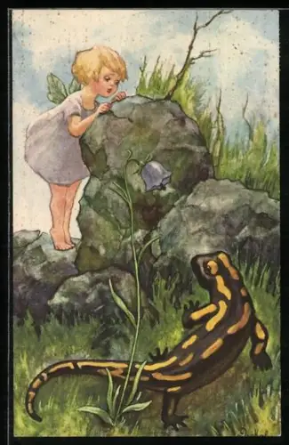AK Elfe am Stein mit einem Feuersalamander