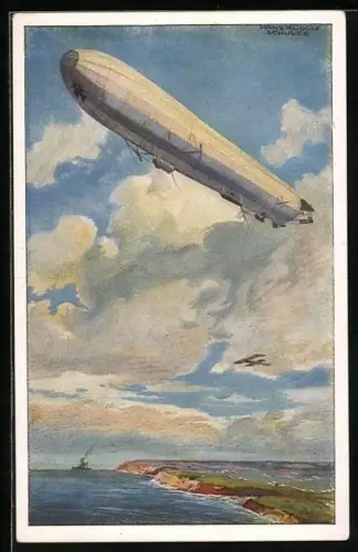 Künstler-AK Hans Rudolf Schulze: Luftschiff Zeppelin im Flug