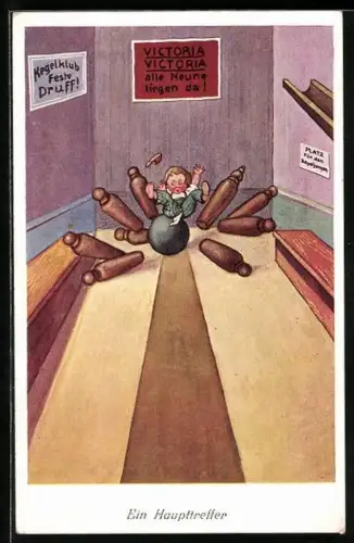 Künstler-AK Kind fliegt mit der Kugel in die Kegel