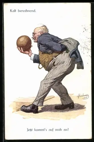 Künstler-AK Fritz Quidenus: Kalt berechnend, Keglerhumor