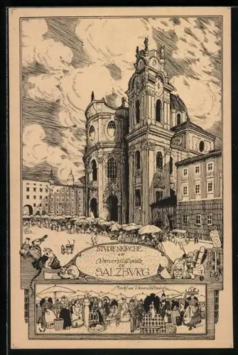 Künstler-AK Ulf Seidl: Salzburg, Studienkirche & Markt am Universitätsplatz