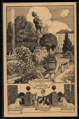 Künstler-AK Ulf Seidl: Salzburg, Mirabell-Garten, Einhörner, Liebespaar in barocker Kleidung, Papagei