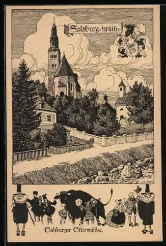 Künstler-AK Ulf Seidl: Salzburg-Mülln, Salzburger Stierwäsche und Ortspartie mit der Pfarrkirche Mülln