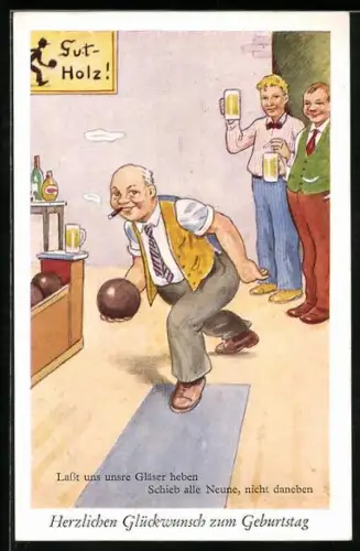 AK Männer mit Bierkrügen beim Kegeln, Geburtstagsgruss