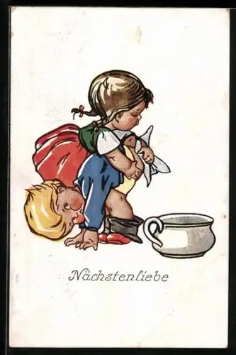 AK Nächstenlieb, Mädchen wischt Knaben den Popo sauber