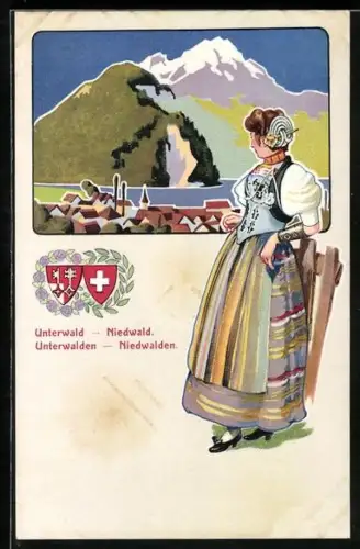AK Unterwald, Schweizerin in Tracht, Wappen
