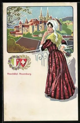 AK Neuchâtel / Neuenburg, Ortsansicht, Frau in Schweizer Tracht