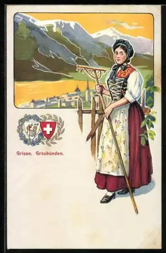 AK Grison, Schweizerin in Volkstracht mit einer Harke, Wappen