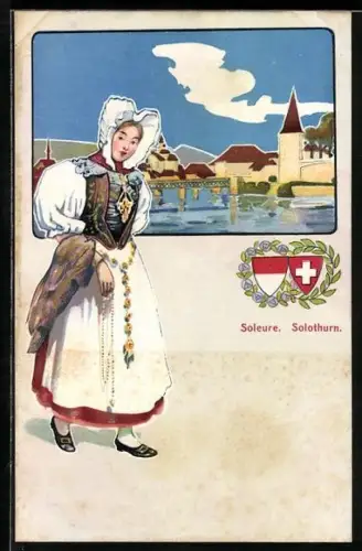 AK Solothurn, Ortsansicht und Frau in Tracht