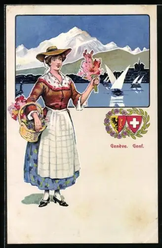 AK Frau in Schweizer Tracht mit Blumenkorb