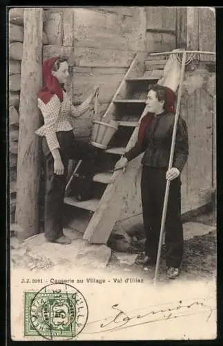 AK Val d`Illiez, Causerie au Village, Zwei Frauen an der Treppe
