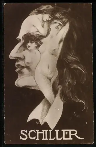 Künstler-AK Frauenfiguren formen das Gesicht von Friedrich Schiller