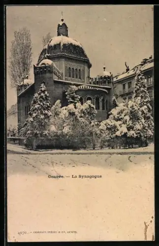 AK Geneve, La Synagogue, Ansicht der Synagoge im Winter