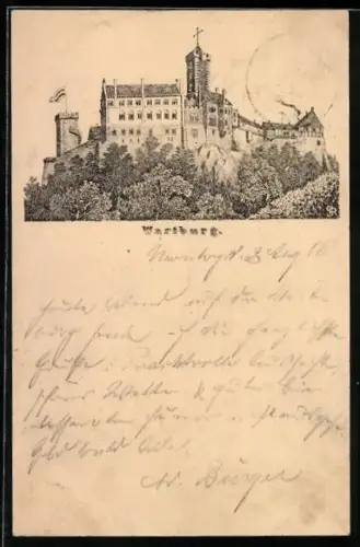 Vorläufer-Lithographie Ganzsache PP6 F154 /05: Wartburg, 1886, Blick auf die Burg