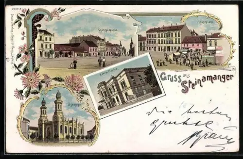 Lithographie Steinamanger, Synagoge, Gyöngyösgasse, Herrn-Casino, Hauptplatz