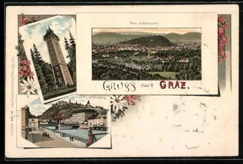 Vorläufer-Lithographie Graz, 1895, Hilmwarte, Schlossberg, Panorama von der Hilmwarte