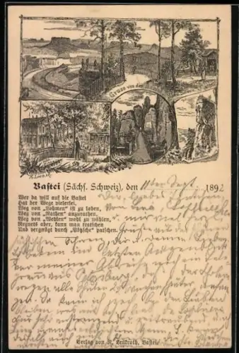 Vorläufer-Lithographie Bastei /Sächs. Schweiz, 1892, Hotel, Bastei-Brücke und Basteifelsen, Ganzsache