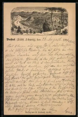Vorläufer-Lithographie Ganzsache PP9 F218/010: Bastei /Sächs. Schweiz, 1891, Aussichtspunkt mit Besuchern