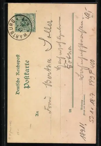 Vorläufer-AK Ganzsache PP9 F400: Wartburg, 1891, Gesamtansicht und Südseite