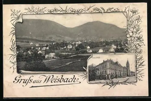 AK Weisbach, Schule und Kirche, Blick auf den Ort