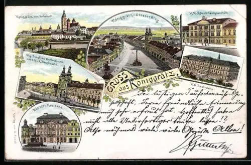 Lithographie Königgrätz, Sicht vom Bahnhof aus, Lehrerbildungsanstalt, Realschule, Bischöfl. Residenz