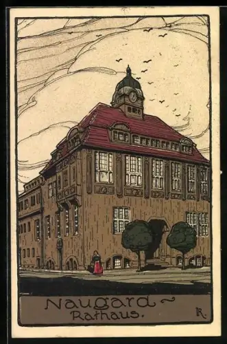 Künstler-AK Naugard, Partie am Rathaus