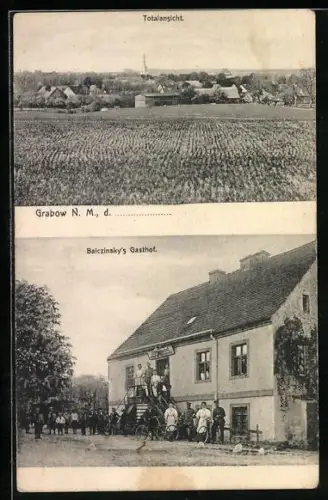 AK Grabow /N. M., Balczinsky`s Gasthof, Ortsansicht vom Feld aus
