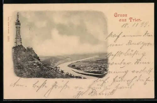 AK Trier, Aussicht mit Denkmal und Moselschleife