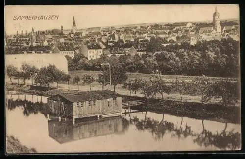 AK Sangerhausen, Stadtansicht mit Fluss und Bootshaus