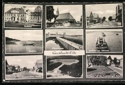 AK Geesthacht-Elbe, Rathaus, Kirche, Bergedorfer Strasse, Elbschleusen, Geesthachter Strasse