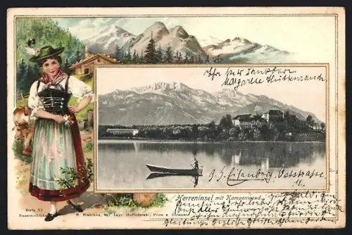 Passepartout-Lithographie Herreninsel, Insel gegen Kampenwand, Frau in Tracht