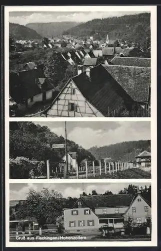 AK Fischingen /Hohenzollern, Gasthaus und Pension zum Bahnhof, Ortspartie mit Wegweiser nach Fischingen, Teilansicht