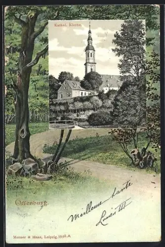AK Offenburg, Die Katholische Kirche, Passepartout mit einer Waldszene