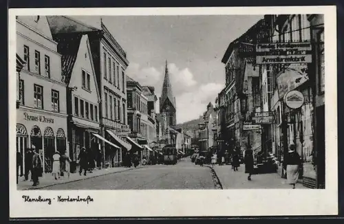 AK Flensburg, Norderstrasse mit Cafe Albert
