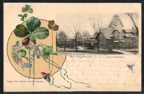 Passepartout-Lithographie Bad-Oeynhausen, Neues Thermalbad, Hufeisen mit Marienkäfern und Klee