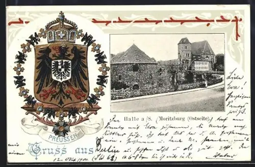 Passepartout-Lithographie Halle a. S., Moritzburg Ostseite, Wappen vom Preussen