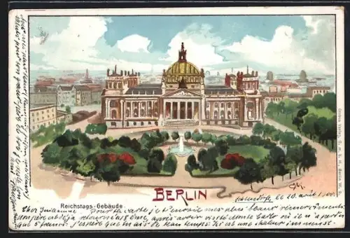 Lithographie Berlin-Tiergarten, Reichstags-Gebäude, Parkanlage