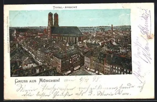 Goldfenster-AK München, Ortsansicht mit leuchtenden Fenstern