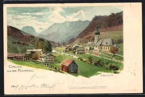 Lithographie Ramsau / Berchtesgaden, Ortsansicht mit Kirche