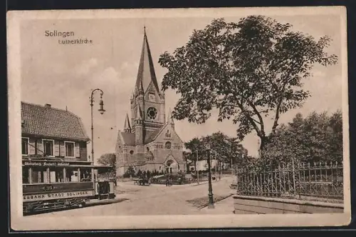 AK Solingen, Lutherkirche, Strassenbahn