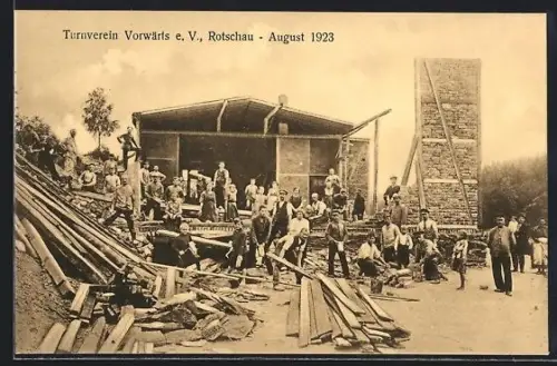 AK Rotschau, Turnverein Vorwärts e. V., Bauarbeiten August 1923