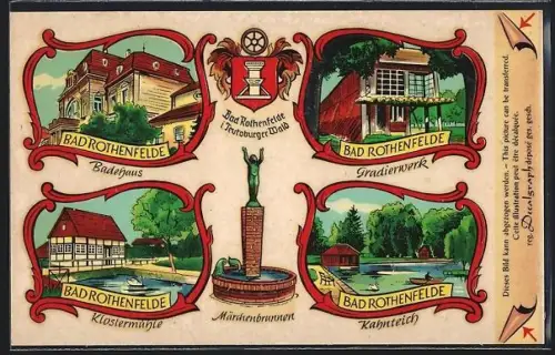 Abziehbild-AK Bad Rothenfelde /Teutoburger Wald, Badehaus, Gradierwerk, Klostermühle, Märchenbrunnen, Kahnteich
