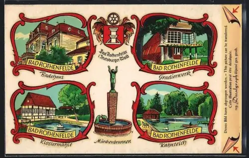 Abziehbild-AK Bad Rothenfelde /Teutoburger Wald, Badehaus, Klostermühle, Gradierwerk, Märchenbrunnen, Kahnteich