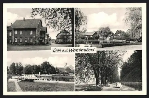AK Grohnde /Weser, Gasthaus Weisses Ross, Allee mit VW Käfer, Passagierschiff