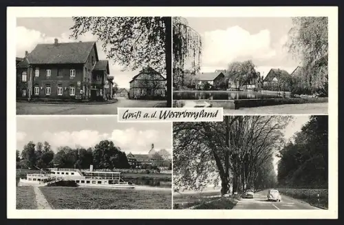 AK Grohnde /Weserbergland, Gasthaus Weisses Ross, Schiff auf der Weser, VW Käfer