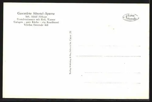 AK Osterode / Harz, Gasthaus Sösetal-Sperre, Inh. Adolf Althaus
