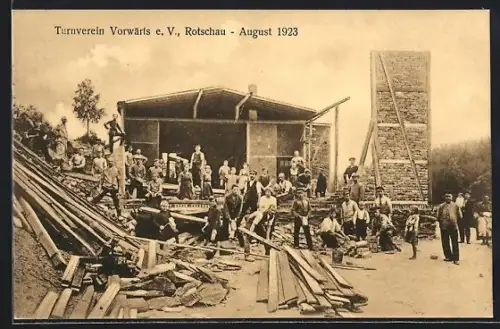 AK Rotschau, Turnverein Vorwärts e. V., Bauarbeiten im August 1923