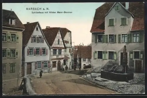 AK Marbach a. N., Schillerhaus, Wilder Mann-Brunnen